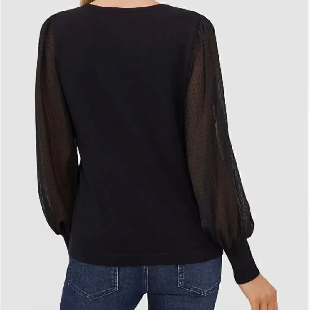 CeCe tie neck black multi medium sweater with chiffon sleeves size XS NWT